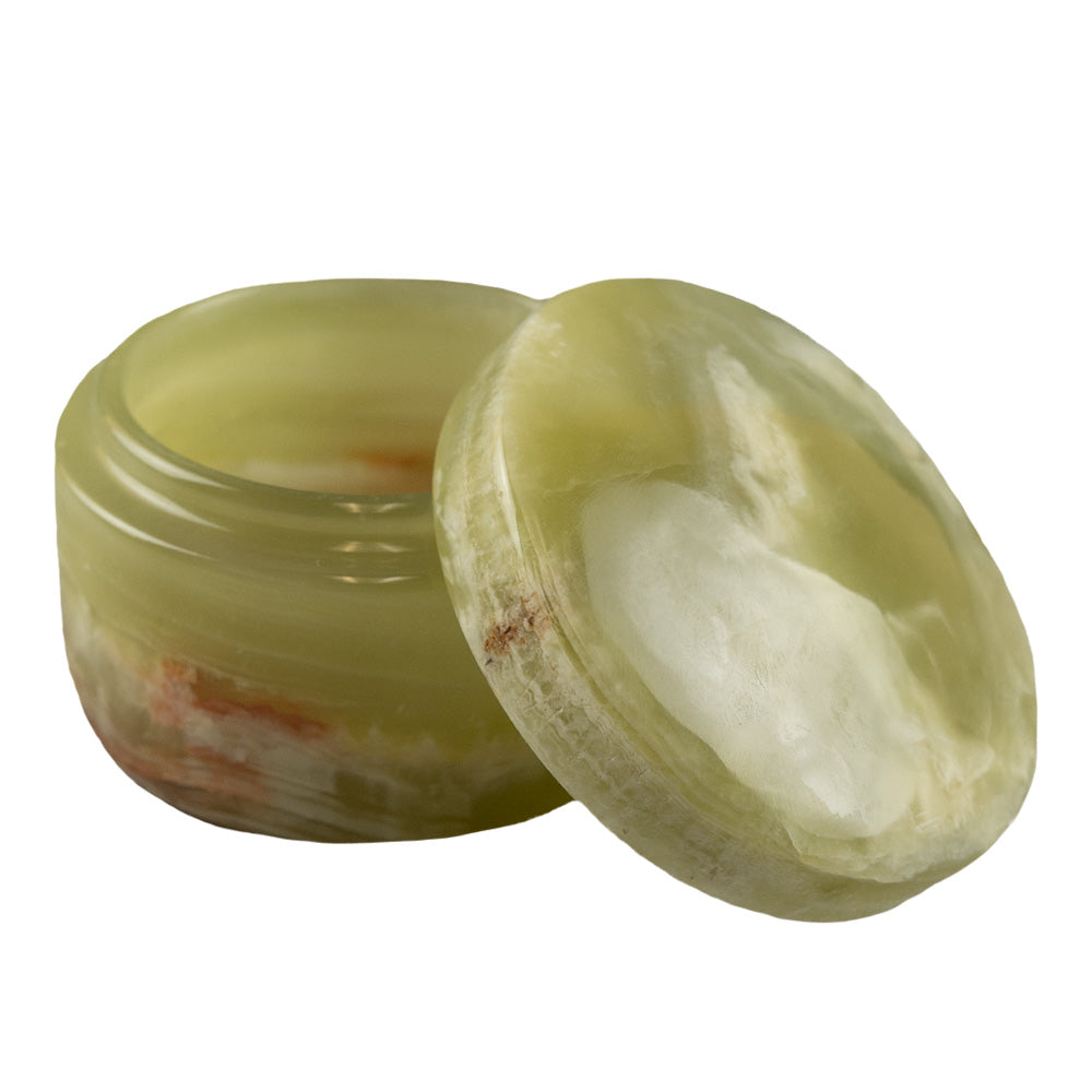 The Onyx Round Box by Western Woods Distributing is a beautiful banded onyx container with a matching lid.