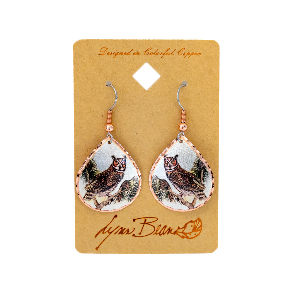 Owl on a Branch Teardrop Earrings by Lynn Bean