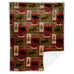 patchwork lodge sherpa throw blanket by carstens features red tan and green patchwork with moose, black bears, animal tracks, canoes, leaves, pine trees, and pinecones