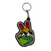 This colorful keychain is in the shape of a hand giving a peace sign and inside is a sunset over a mountain and river valley 