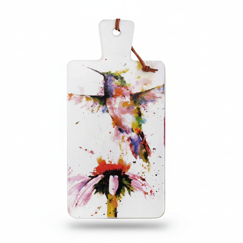 A rectangular ceramic stoneware serving board with a handle, featuring a watercolor artwork of a hummingbird and flowers on a white background.