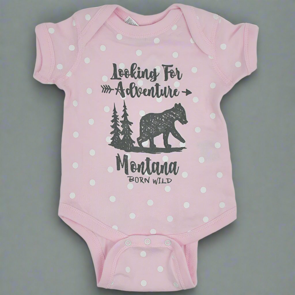 Pink Polka Dot Looking For Adventure Montana Bear Onesie by Prairie Mountain