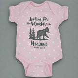 Pink Polka Dot Looking For Adventure Montana Bear Onesie by Prairie Mountain