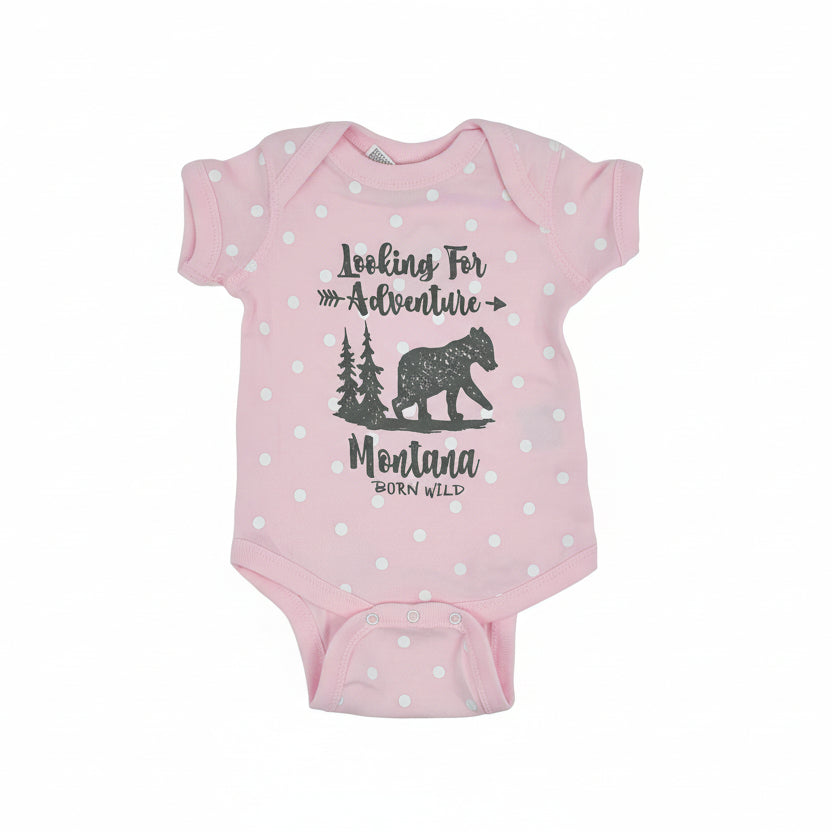 Pink Polka Dot Looking For Adventure Montana Bear Onesie by Prairie Mountain
