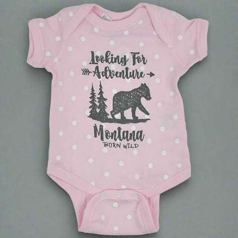 Pink Polka Dot Looking For Adventure Montana Bear Onesie by Prairie Mountain