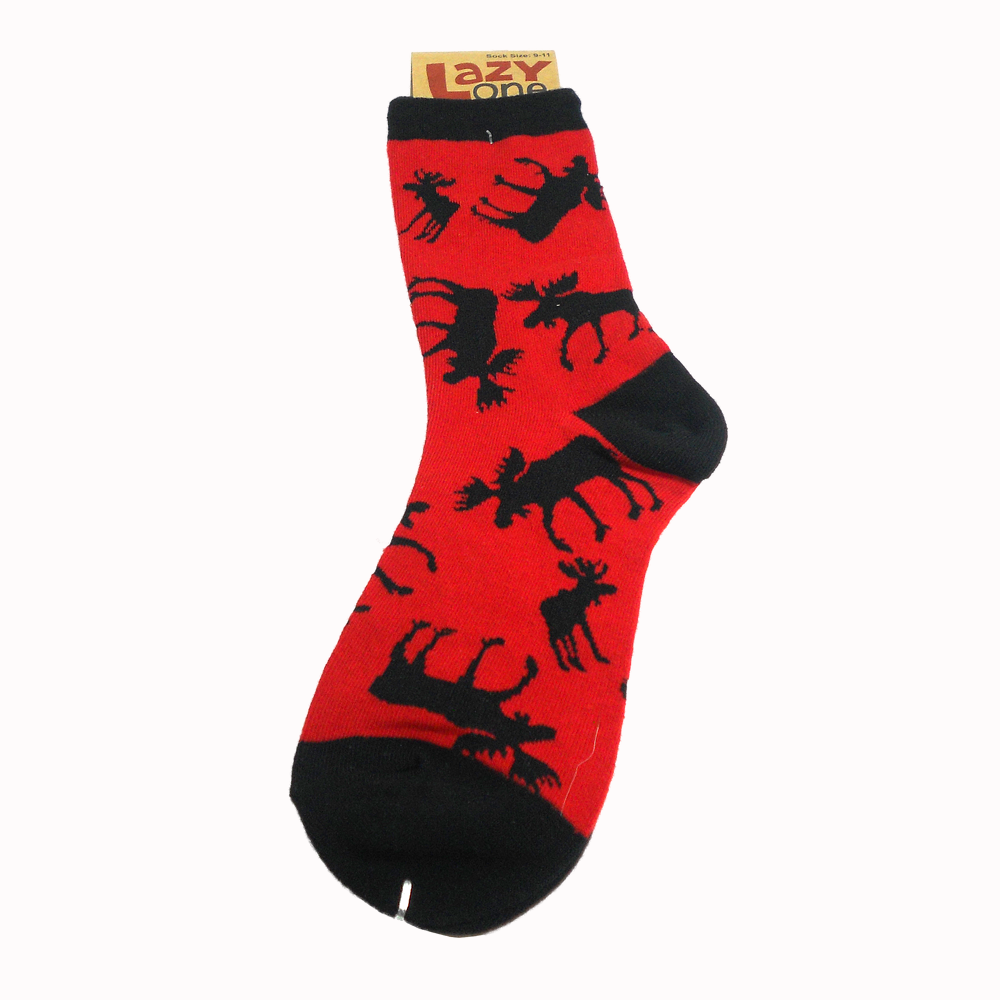 Red Classic Moose Crew Socks by Lazy One (7 Sizes)