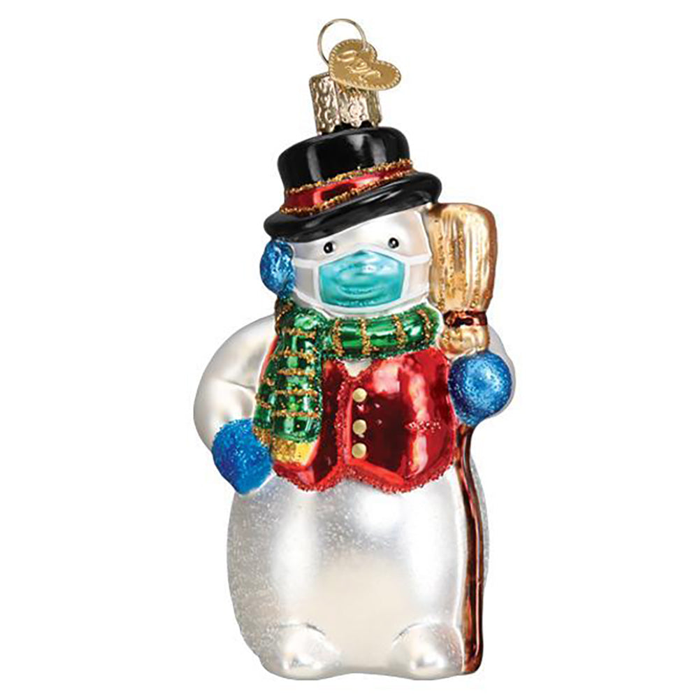 The Snowman with Face Mask Ornament by Old World Christmas is a wonderfully funny ornament for your tree. 
