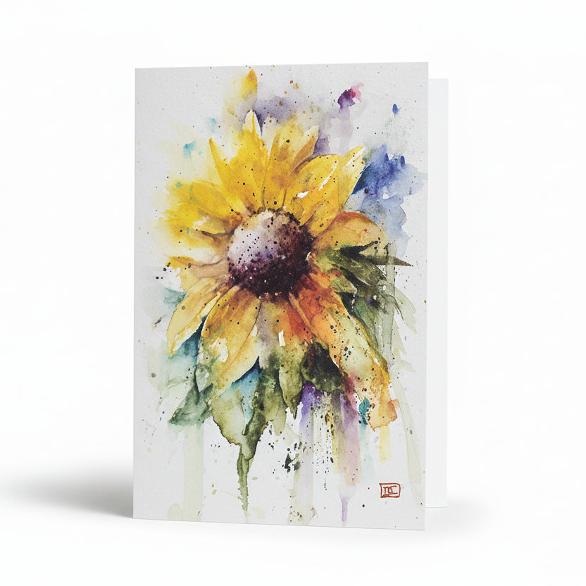 A greeting card featuring a watercolor illustration of a sunflower with vibrant yellow petals and a dark center, painted by Dean Crouser.