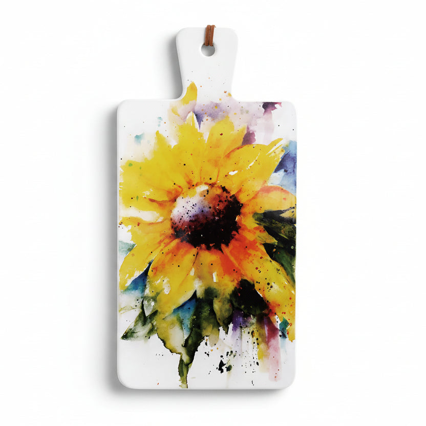 A rectangular ceramic stoneware serving board with a sunflower design in watercolor style.