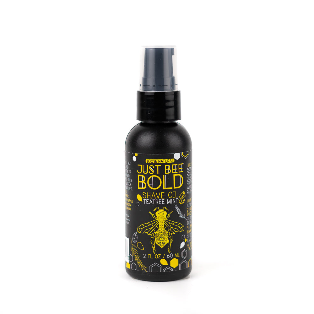 The Bee Bold Tea Tree Mint Shave Oil by Just Bee Cosmetics comes in a convenient spray bottle for easy application.