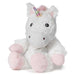 Warmies unicorn with white fur, light pink hooves, and a rainbow horn. 