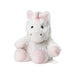 Junior Warmies White Unicoorn with white fur, light pink hooves and rainbow horn.