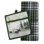 The Watercolor Wildlife Pocket Potholder Set by Park Designs is an adorable set that includes a moose potholder and a patterned dishtowel.