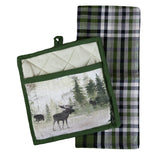The Watercolor Wildlife Pocket Potholder Set by Park Designs is an adorable set that includes a moose potholder and a patterned dishtowel.