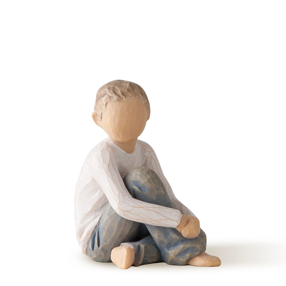 We love the Willow Tree Caring Child Figurine by Susan Lordi and his personality. Sitting in a pose that resembles someone who is patient, good at listening, and very gentle. 