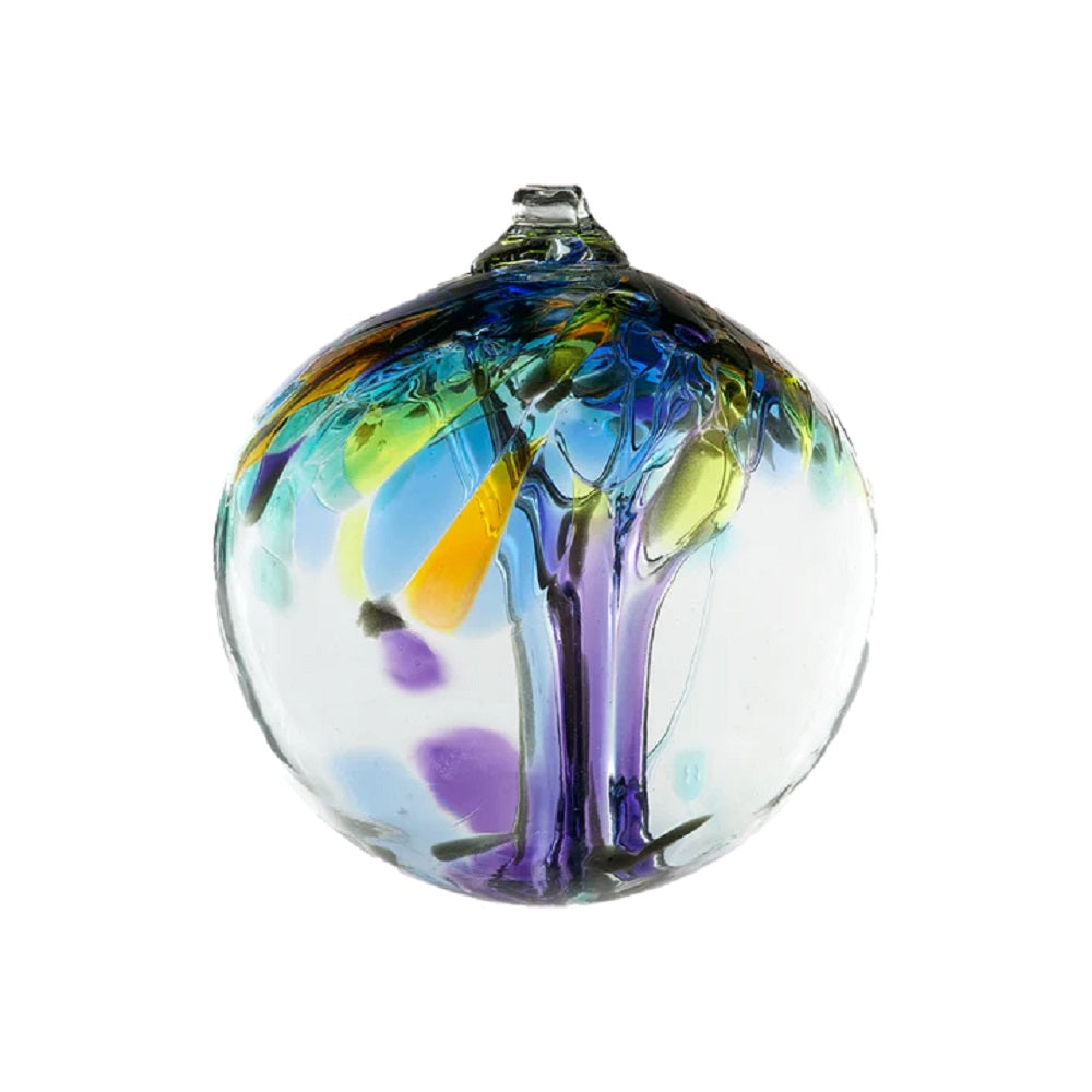 The Wisdom Tree of Enchantment Ball by Kitras Art Glass features a stunning mouth blown glass orb combined with vibrant spots of blues, purples, oranges, and greens