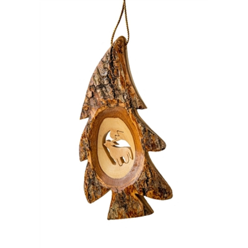  The Wolf Tree Bark Ornament by EarthWood is an adorable tree shaped olive wood ornament with a howling wolf carved in the center. 