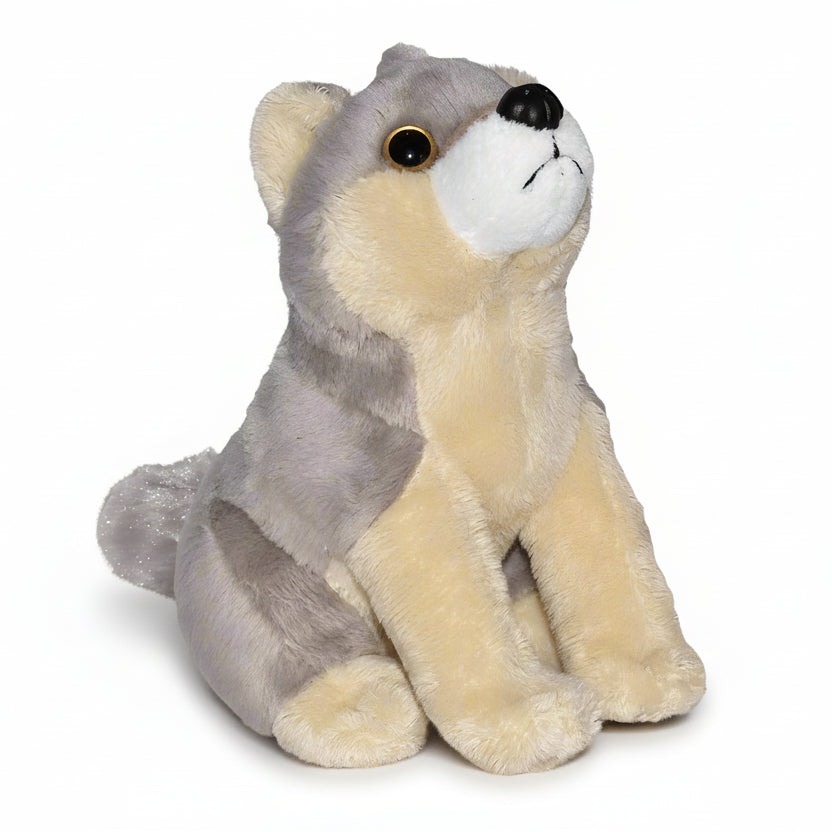 A plush toy resembling a wolf, with a gray body and a beige face, sitting with a closed mouth.