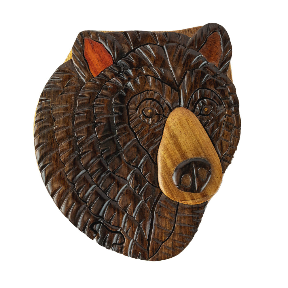 The Wood Carved Black Bear 2 Puzzle Box by The Handcrafted includes a small mechanism that acts as a lock to keep this box together and it stimulates the brain each time you open it.