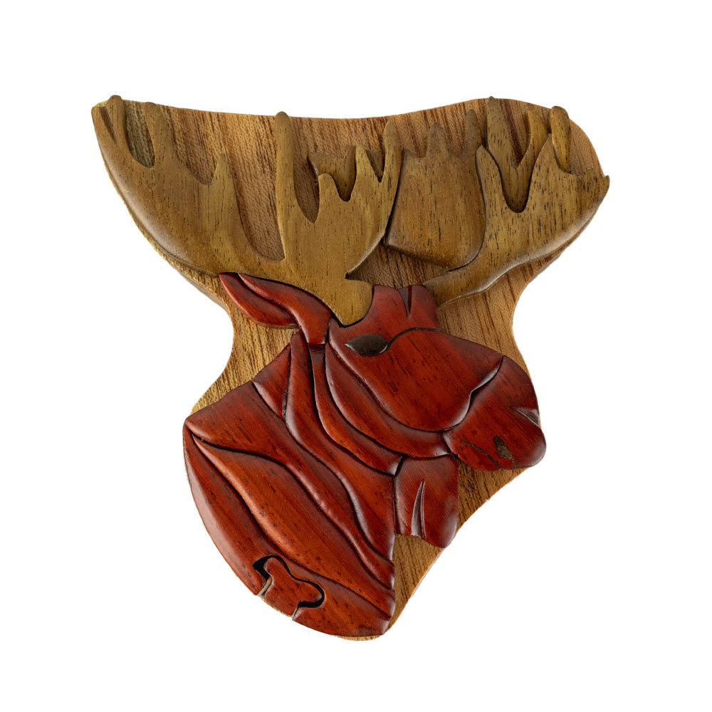The Wood Carved Moose Head Puzzle Box by The Handcrafted is fun, beautiful, and useful. 