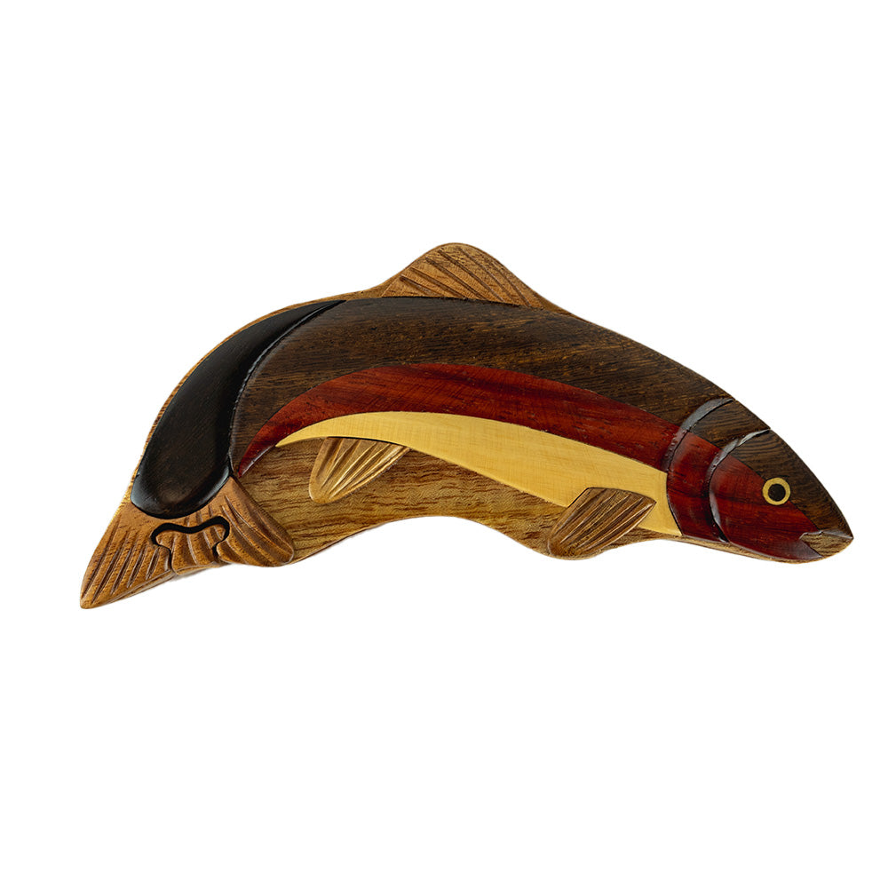 Wood Carved Rainbow Trout Puzzle Box by The Handcrafted