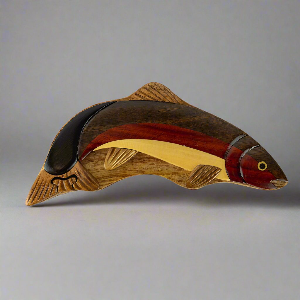 Wood Carved Rainbow Trout Puzzle Box by The Handcrafted