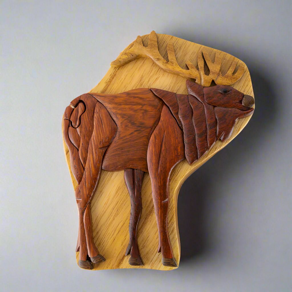 Wood Carved Standing Elk Puzzle Box by The Handcrafted