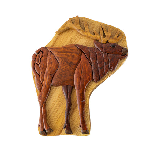 Wood Carved Standing Elk Puzzle Box by The Handcrafted