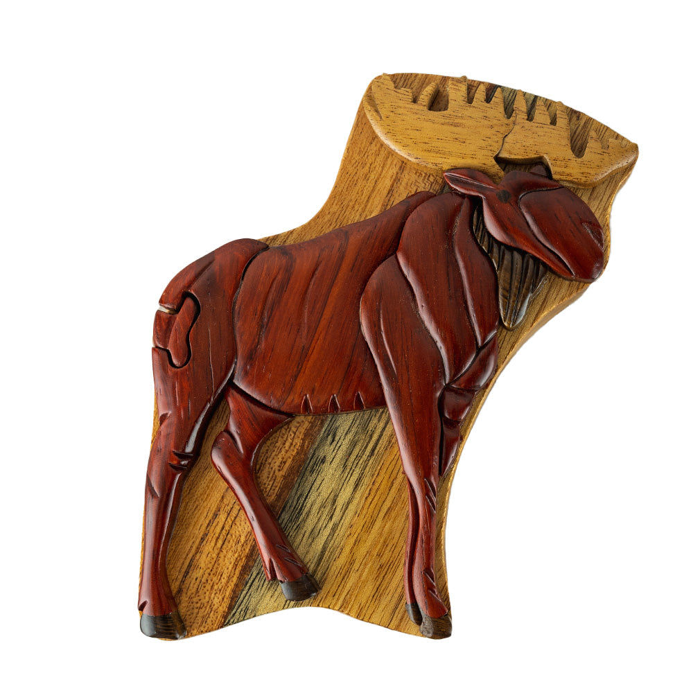 The Wood Carved Standing Moose Puzzle Box by The Handcrafted is a beautifully, crafted box featuring a stunning moose on the front. 