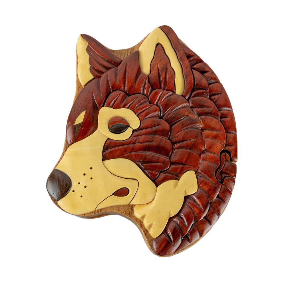 Wood Carved Wolf Head Puzzle Box by The Handcrafted - wooden puzzle box