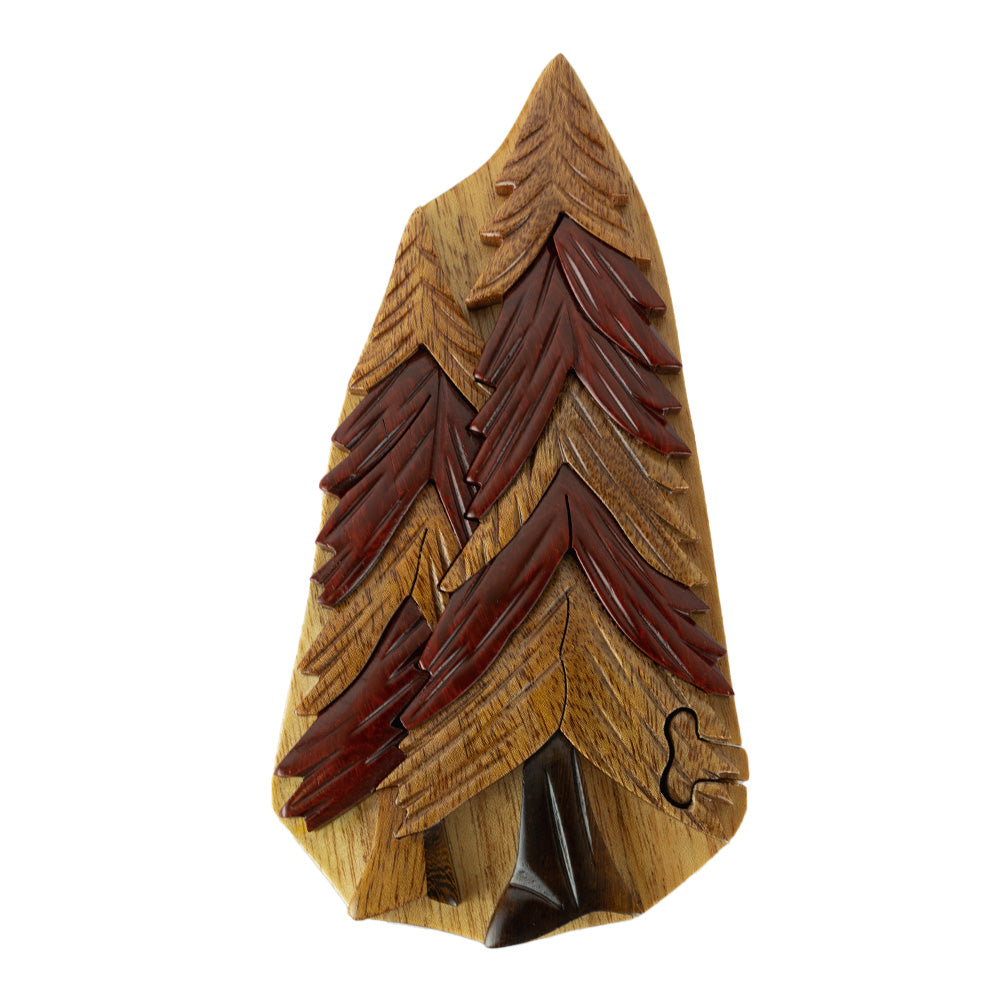 The Wood Carved Pine Tree Puzzle Box by The Handcrafted has beautiful detail, made with real wood and beautiful stain that sets this puzzle boxes ahead of the game. 