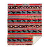 wrangler black stallion sherpa throw blanket by carstens features a red black and grey western design with galloping horses