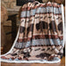 wrangler buffalo sherpa throw blanket by carstens features light tan and light brown and light blue stripes with brown buffalos, feathers, and western design in off white