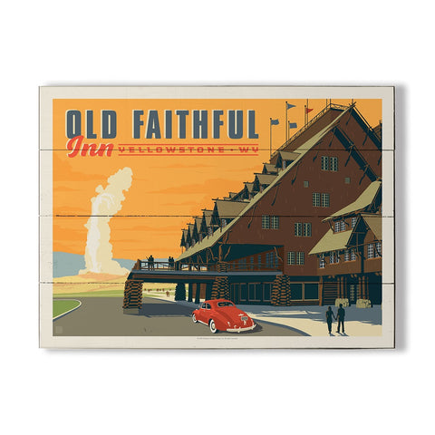 Made from recycled wood and designed to look vintage, the Yellowstone National Park Old Faithful Inn Wood Wall Art by Meissenburg Designs is the perfect, rustic addition to your home decor. 